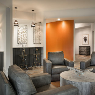 Design ideas for a contemporary fully buried basement in Atlanta with slate flooring and beige floors.