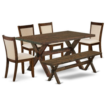 X776MZN32-6 Dining Table and 4 Light Beige Chairs - Distressed Jacobean Finish