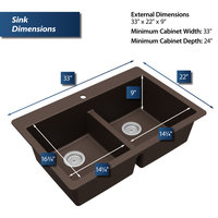 Karran 33" Top Mount Double Equal Bowl Quartz Kitchen Sink, Brown