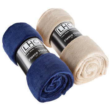 Set of 2 Fuzzy Blankets Plush Fleece Throw Blanket, Navy Blue/Sand