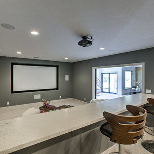 Contemporary enclosed home cinema in Omaha with carpet and a projector screen.