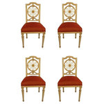 Consigned set of Four 19th century Gustavian Dining Chairs - Consigned set of four Gustavian chairs with vintage charm, Sweden around 1820-30. Finely carved, cream painted with gilded details. Shimmering red silk fabric.  Seat Height: 18.11 inches.