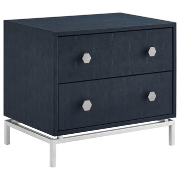 Nicole Miller Aharon Side Table, 2 Drawers, Faux Shagreen, Navy/Chrome