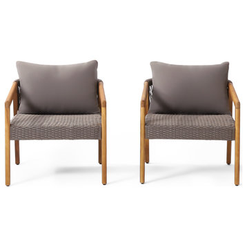 Breck Outdoor Acacia Wood and Wicker Club Chairs with Cushion, Set of 2