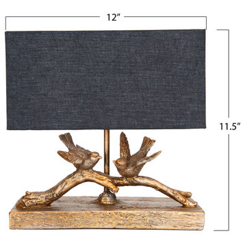 Rustic Birds-On-Branch Lamp With Rectangle Flax Shade, Gold