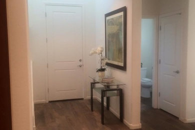 フェニックスにある高級な小さなトランジショナルスタイルのおしゃれな玄関ホール (磁器タイルの床、白い壁、白いドア、茶色い床) の写真