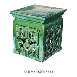Chinese Green Turquoise Clay Ceramic Square Stool - Home Decor
