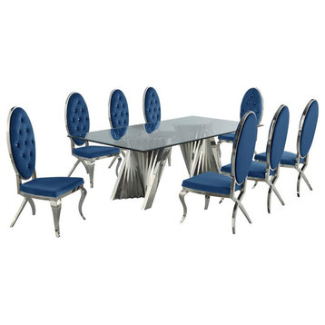 Clear Glass Dining Set with Table and 8 Navy Velvet Chairs