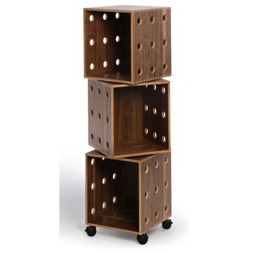 Modern Wood Stacking Cube Bookcase, Offi Perf Boxes, Walnut