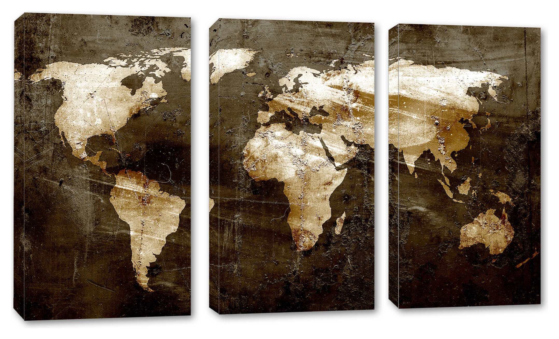 Rustic Brown World Map Canvas Print Wall Art - 3 Panel Split, Triptych ...