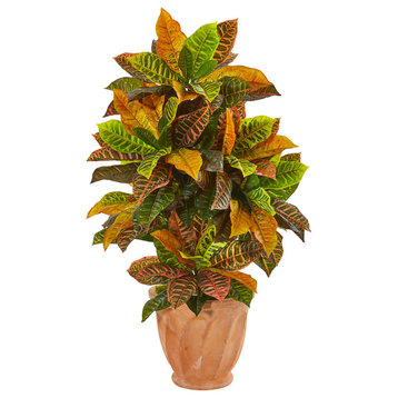40" Croton Artificial Plant in Terracotta Planter, Real Touch