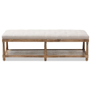 Celeste French Country Weathered Oak Beige Linen Upholstered Ottoman Bench