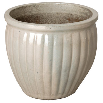 Pearl White Round Ceramic Planter With Ridges, 15" Diameter