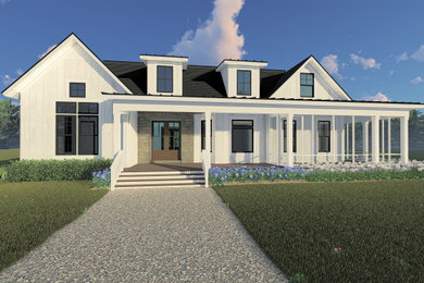 Mid-sized farmhouse white two-story wood and board and batten exterior home photo in Other with a metal roof and a black roof
