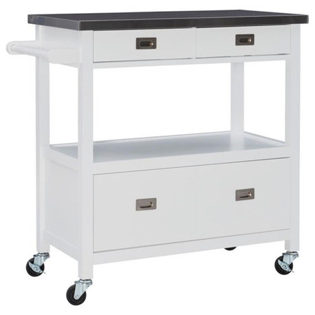 Linon Sydney Wood Rolling Kitchen Storage Cart Stainless Steel Top in White