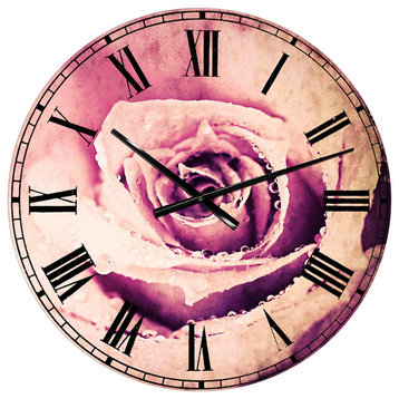 Purple Wet Rose Background Flowers Round Metal Wall Clock, 23x23