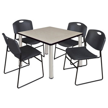 Kee 36" Square Breakroom Table, Maple/ Chrome and 4 Zeng Stack Chairs, Black