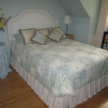 Custom Upholstered Shaped Headboard, Custom Box Pleated Dust Ruffle, Custom Deco