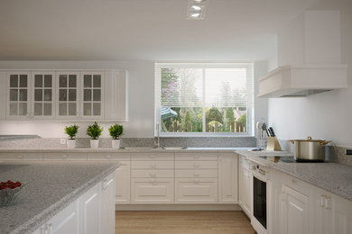 Design ideas for a large transitional l-shaped kitchen in San Francisco with an undermount sink, raised-panel cabinets, white cabinets, granite benchtops, grey splashback, stone slab splashback, stainless steel appliances, light hardwood floors, with island and brown floor.