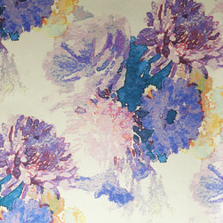 BEARDWOOD &ndash; PURPLE, BLUE FLORAL ON PALE YELLOW FOIL Pattern Number: 2016-102-11 - Wallpaper