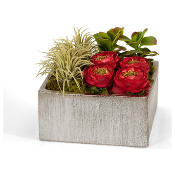 Cabbage Roses, Silver Square, Red
