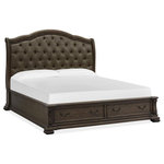 Magnussen - Magnussen Durango Sleigh Storage Bed w/ Uph. Headboard, Brown, King - Traditional by nature, the handsome Durango bedroom collection imparts fresh allure to a classically inspired design aesthetic. Rooted in old world styling, these timeless silhouettes feature intricate carvings, fluted pilasters and ornate scrollwork insets. Antique Brass hardware gives the room a warm metallic element while providing the perfect complement to Durango's gorgeous Willadeene Brown finish. If you're an admirer of traditional styling, this statement bed and coordinating storage pieces are a must-have.