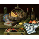 H. Hargrove LLC - "Farm Fresh" Oil on Canvas by H. Hargrove - H. Hargrove has created a glorious still life featuring a century old farm table topped with farm fresh, locally grown vegetables, a hand woven basket filled with delicious fruit and the tried and true cookbook filled with favorite recipes that has been used year after year.