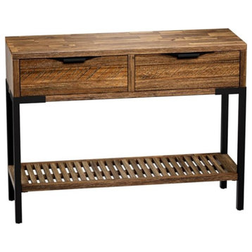 Rustic Console Table, Metal Frame With Slatted Shelf & Storage Drawers, Chestnut