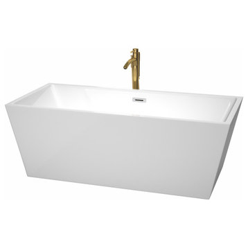 67" Sara Freestanding Bathtub, White, Chrome Trim, Floor Mounted Faucet, Gold