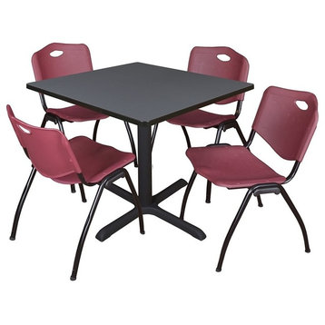 Cain 42" Square Breakroom Table, Gray and 4 'M' Stack Chairs, Burgundy