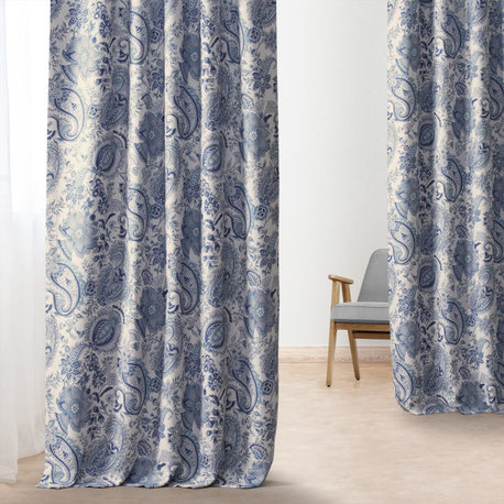 Fullbloom Blue Printed Linen Textured Room darkening Curtain Single Panel, 50x84