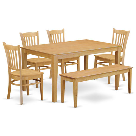 Cagr6-Oak-W, 6-Piece Kitchen Table With Bench Set, Table and 4 Chairs and Bench