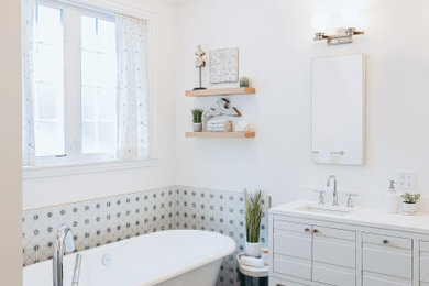 Mid-sized arts and crafts porcelain tile and gray floor bathroom photo in Boston