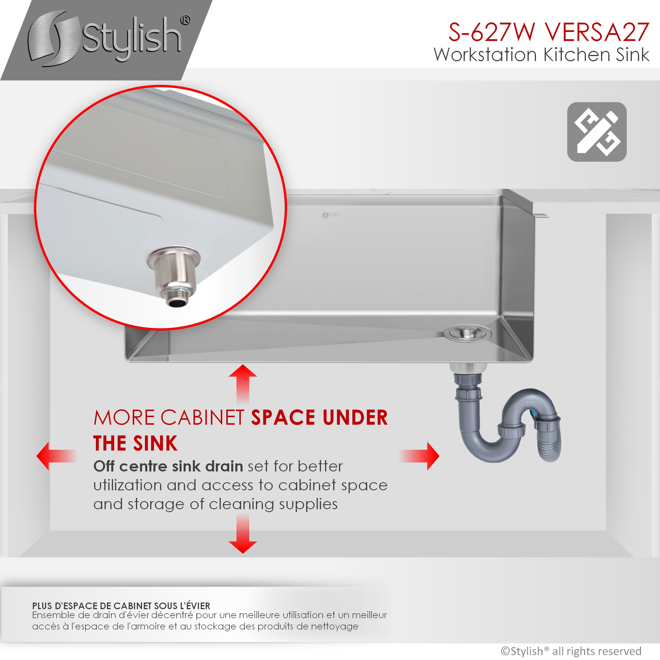 STYLISH 27'' Workstation Single Bowl Undermount 16G Stainless Steel Kitchen Sink