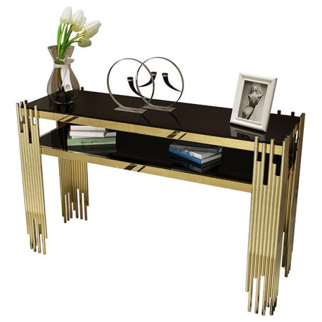 Modern Black Faux Marble Narrow Console Table with Storage Shelf and 4 Legs