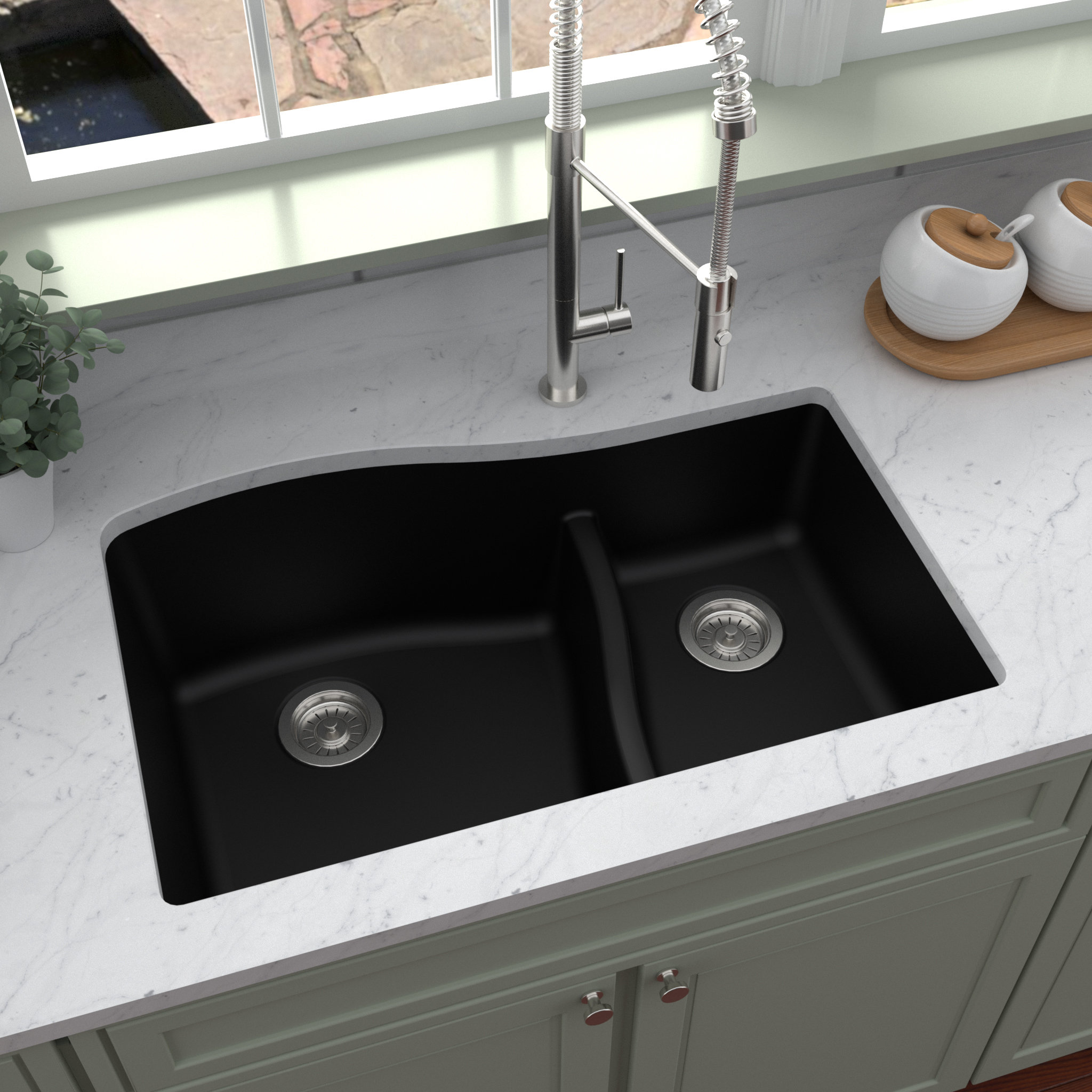 Karran Undermount Quartz 32" 60/40 Double Bowl Kitchen Sink, Black