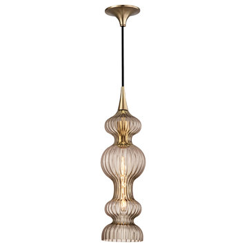 Pomfret 1 Light Pendant With Bronze Glass in Aged Brass with Bronze Glass
