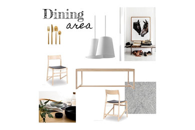 Design ideas for a mid-sized contemporary open plan dining in Melbourne with white walls and medium hardwood floors.