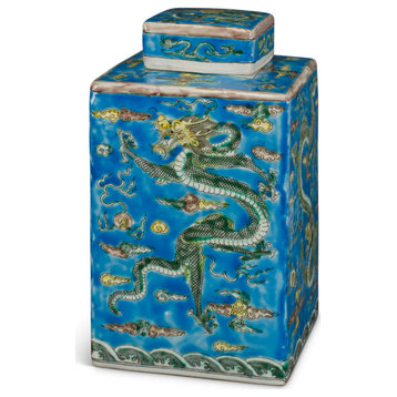 Light Blue Chinese Square Porcelain Tea Jar with Imperial Dragon Motif