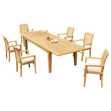 7-Piece Outdoor Teak Dining Set: 122" Rectangle Table, 6 Mas Stacking Arm Chairs