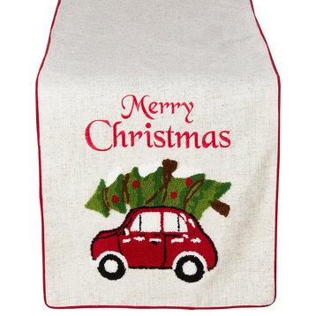 Merry Christmas Textured Tree and Car Table Runner, 16"X72" Rectangular