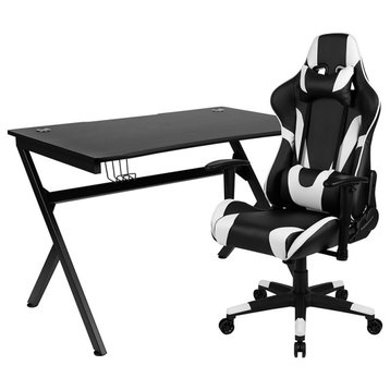 Gaming Desk & Reclining Chair Set w/Cup Holder,Hook & 2 Wire Management Holes, B