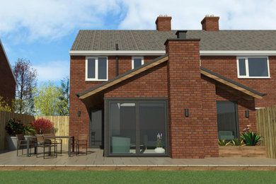 Diseño de fachada de casa bifamiliar gris tradicional pequeña de una planta con revestimiento de ladrillo, tejado a dos aguas y tejado de teja de barro