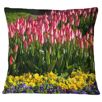 Red Tulips with Yellow Purple Flowers Flower Throw Pillow, 18"x18"