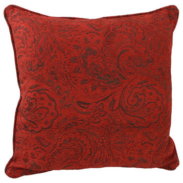 25"x25" Jacquard Chenille Pillow With Insert, Scrolled Floral Red