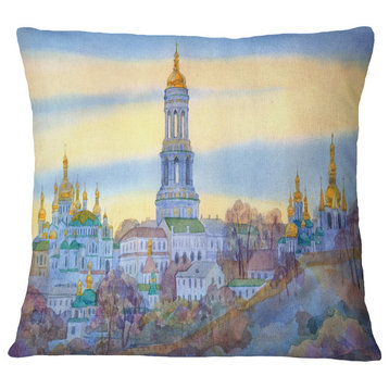 Monastery On Steep Hill Cityscape Painting Throw Pillow, 16"x16"