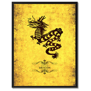 Dragon Chinese Zodiac Yellow Print on Canvas with Picture Frame, 22"x29"