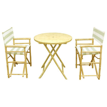 Bamboo Set of 2 Director Chairs and 1 Round Bamboo Table, Celadon Stripe