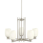 Kichler - Chandelier 5-Light, Brushed Nickel, Standard - Named after famed furniture designer Eileen Gray, The Eileen Collection features a clean, straight linear construction with simple glass for a style that is as unique and contemporary as Eileen Gray's. The fresh, weightless elegance of our Brushed Nickel finish complements the white etched glass perfectly to give the Eileen Collection added ambiance that is ideal for today's ever-evolving aesthetic. The 5-light chandelier uses 100-watt (max.) bulbs and measures 24in. in diameter and 16in. high. It comes complete with 91in. of lead wire for easy installation while the glass may be installed either up or down allowing for additional lighting versatility.