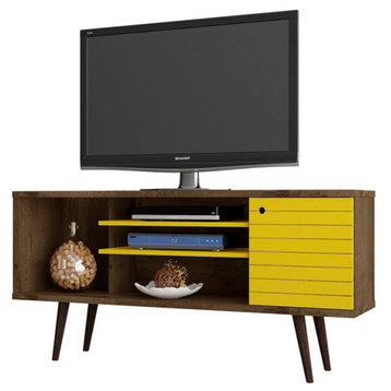 Liberty 53" Mid-Century TV Stand 5 Shelves, Rustic Brown/Yellow